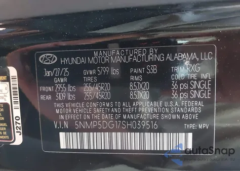 2025 Hyundai Santa Fe Hybrid Calligraphy z USA, uszkodzony, nr VIN 5NMP5DG17SH039516